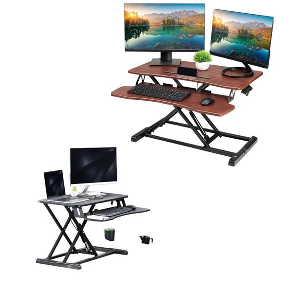 3pc - TechOrbits wood grain 32" sit stand desktop workstation, VIVO 32" black desk risers DESK-V000K