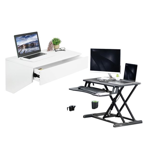 3pc - VIVO white wall mounted desk with drawer DESK-SF01W, VIVO 32" black desk risers DESK-V000K x2 