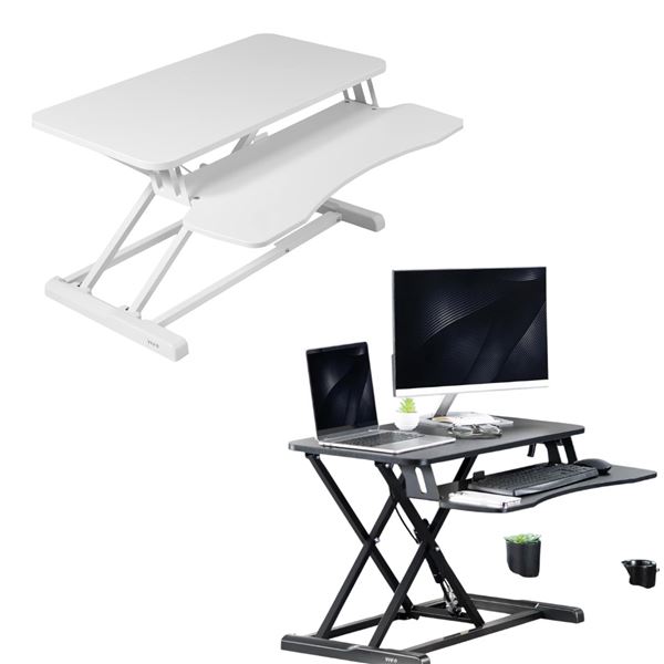 3pc - TechOrbits 37" white sit stand desktop workstation, VIVO 32" black desk risers DESK-V000K x2 (