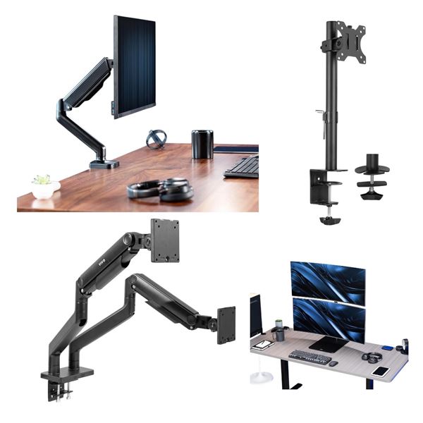 Large group of assorted VIVO monitor desk mounts - single, mechanical arm, dual monitor, desk stands