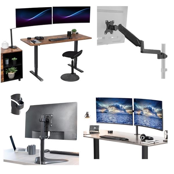 Shelf full of assorted VIVO monitor desk mounts & stands (refurbished in boxes)