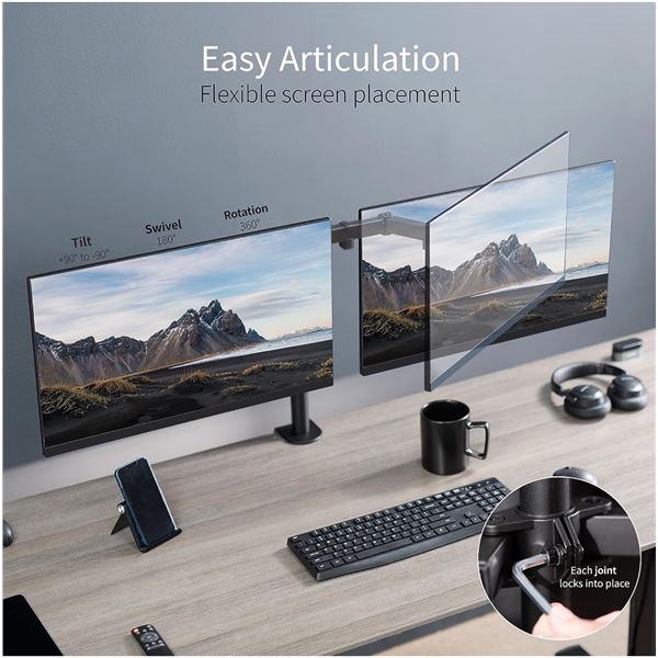 VIVO dual monitor desk mount, STAND-V002, retail per pc $49.99, total lot retail $1,199.76 (refurbis