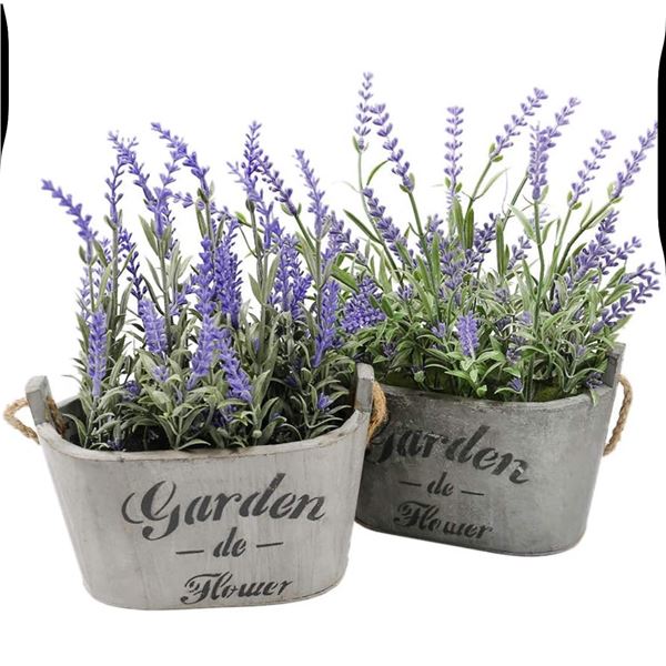 New Butterfly Craze artificial lavender plants in wooden planters set of 2, retail per set $25.42, t