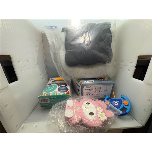 Group of items - Jolly Jumper soft rale, Prextex cartoon toy set, Gigibaby baby nest for new borns (