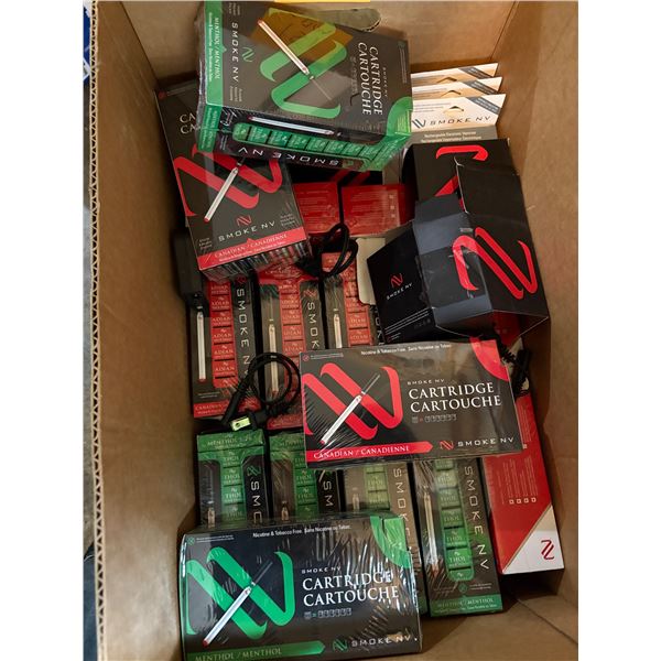 Box full of assorted SMOKE NV menthol and non menthol nicotine free cartridges expiry 2017