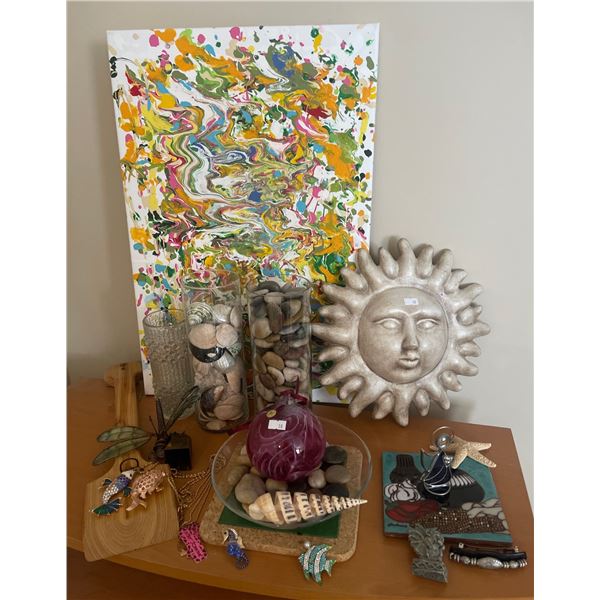 Assortment of Different Home Decor  Sun Face, Sea Shells, Wall Hanging, Betsy Johnson Costume Jewelr