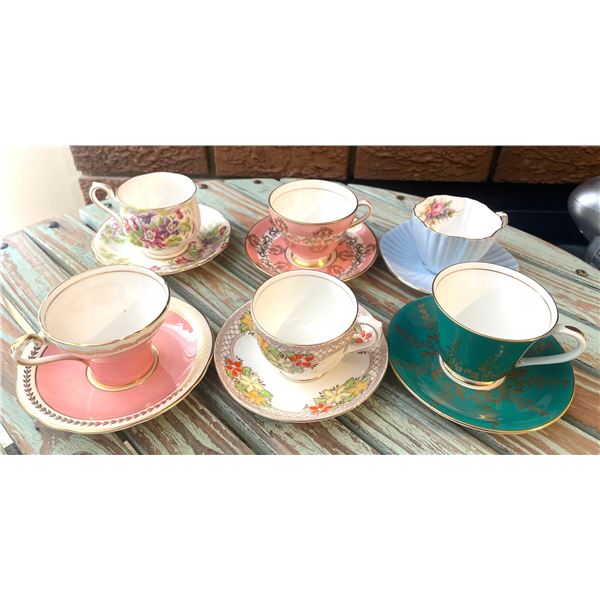 Six Collectible Tea Cups & Saucers  Royal Albert, Aynsley, Salisbury Crown, Royal Grafton,  & More