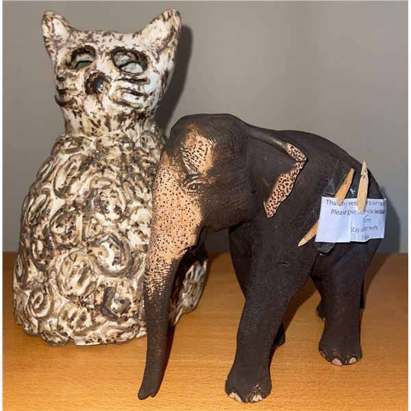 Pottery Like Built Cat & Elephant Sculpture  Cat=9"tall Elephant=6" tall