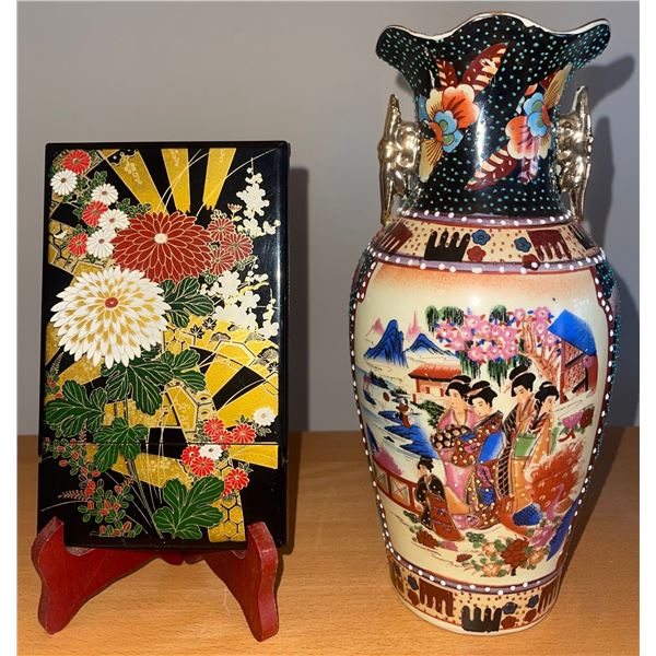 Antique Asian Duel Handled Hand Painted Vase 12" tall w/mirror case