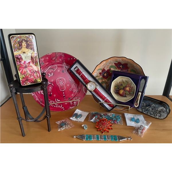 Assortment of Home Decor w/Trinket Boxes & Costume Jewelry + Red Watch