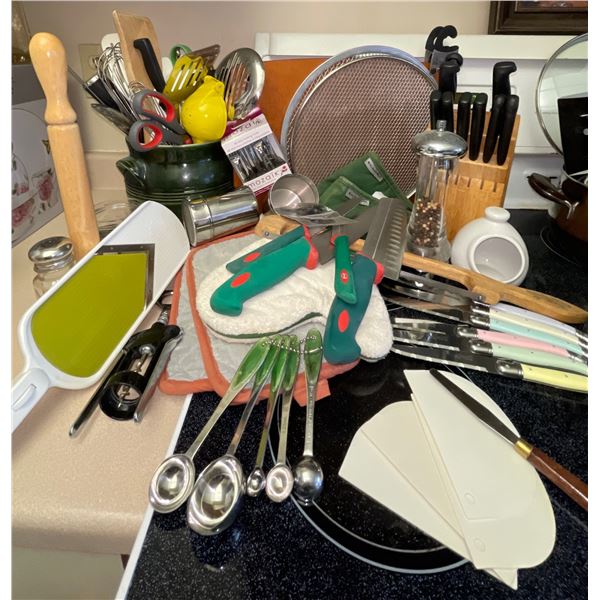 Bundle Of Kitchen Needs  Knives, Grater, Scissors, Measuring Spoons, Pepper Mill, Flipper & More