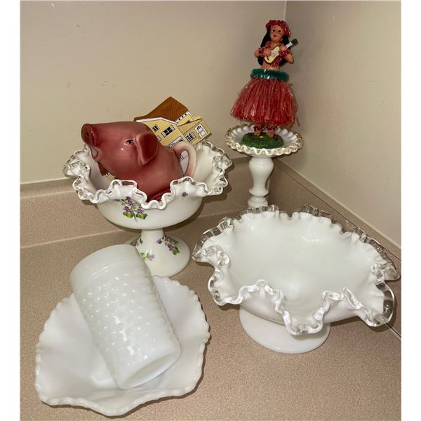 Assorted Milk Glass Pieces w/ Hula Dance Girl & Glass Pig