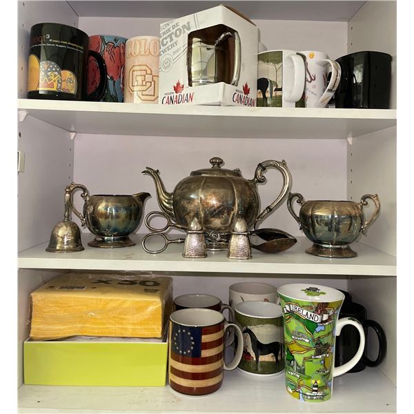 Cupboard Of Goodies   Coffee Mugs Galore w/ Silver Plated Tea Sets