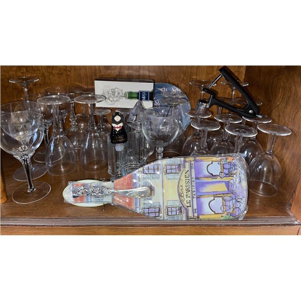 Different sizes of Different Designed Wine Glasses plus Opener, Two Stoppers for plugging the lid, a