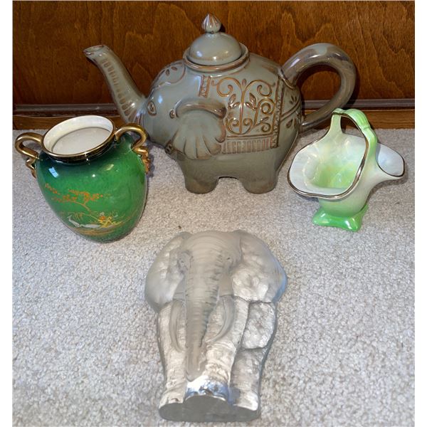 Cute Small Elephant Tea Pot w/Glass Elephant & Two Rare Vases
