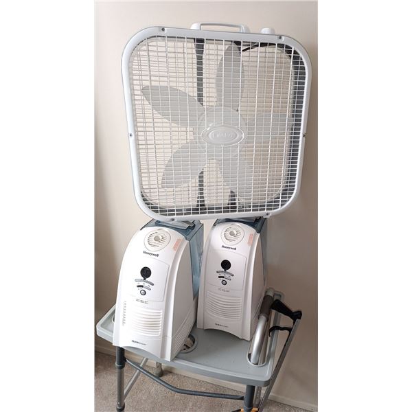Two Honeywell Quick Steam Humidifiers w/ Bed Table Plus One Large Square Shaped Fans 29" x 29"tall
