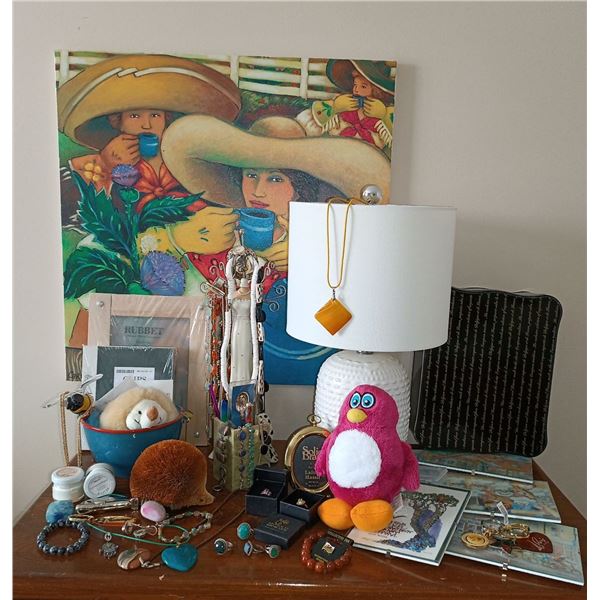 Collection Of Girlie Girl Items  Costume Jewelry, Lamp, Key Chain, Picture Frames, Stuffies & More