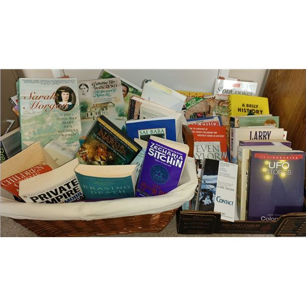 Two Large Stacked Fully Loaded Baskets Of Books For Any Interest