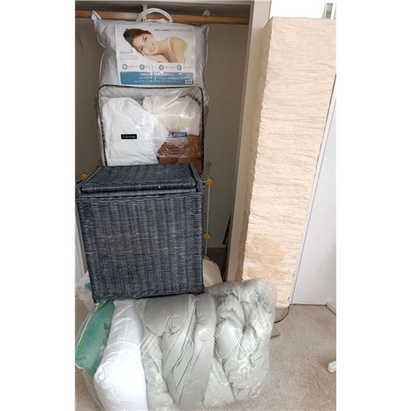 Large Assortment Of Blankets & Sheets For Queen Sized Bed , Clothing Wicker Hamper, Cube Shelf, Lam