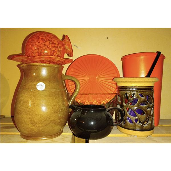 Old Tyme Tupperware Pieces, Tea Pot. Rustic Jug, & Blown Glass Art Work (Jug is 16"tall)