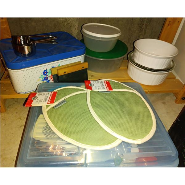 Kitchen Collection Of Assorted Vintage Utensils, Measuring Cups, Cannister, & Kitchen-Aid Oven Mitts