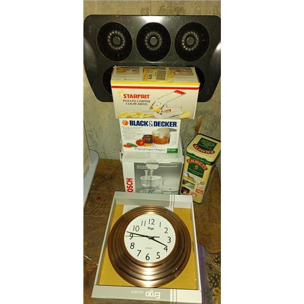 Brand New Potato Chipper, 2-Speed Super Chopper, Bosch Juicer, Ergo Quartz Wall Clock w/Muffin Tray