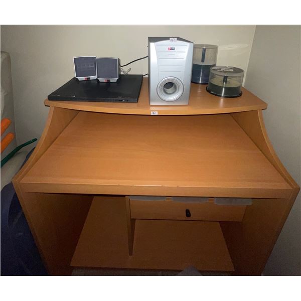 Small Wooden Desk w/ small shelves  35"w x 24"d x 45"tall Plus Computer Speakers & Component
