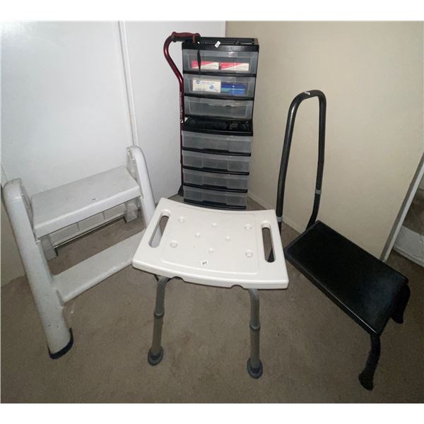 House & Home Items  Stool, Bath Chair Support, Storage Drawers On Wheels,