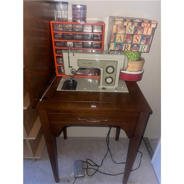 Sears Kenmore Vintage Sewing Machine Built into Table W/Assortment of Sewing Supp;ies  27" x 21" x40