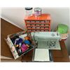 Image 2 : Sears Kenmore Vintage Sewing Machine Built into Table W/Assortment of Sewing Supp;ies  27" x 21" x40
