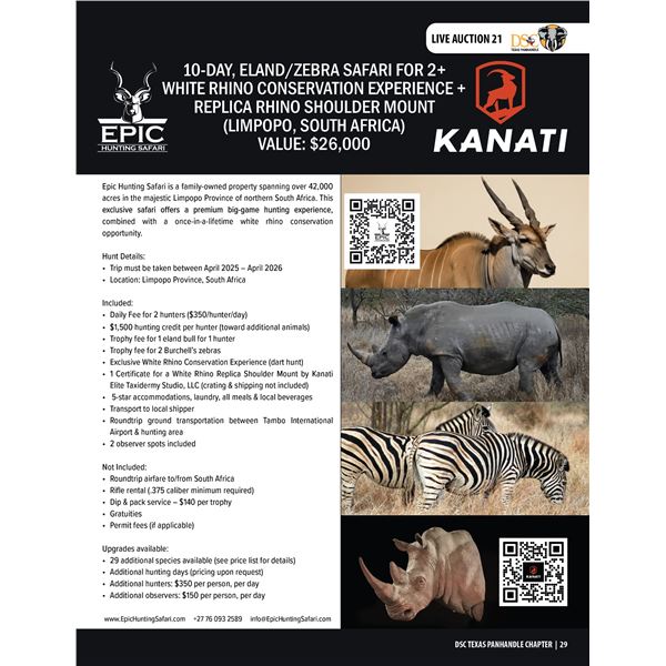 ELAND + ZEBRAS + WHITE RHINO DART CONSERVATION EXPERIENCE & MOUNT