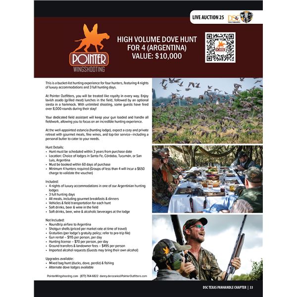 HIGH VOLUME DOVE HUNT FOR 4 W/ POINTER OUTFITTERS (ARGENTINA)