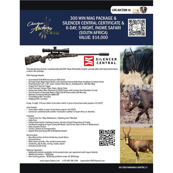 CUSTOM RIFLE PKG 300 WIN MAG   AMMO   SUPPRESSOR CERT   INGWE SAFARI - CHOCTAW ARCHERY