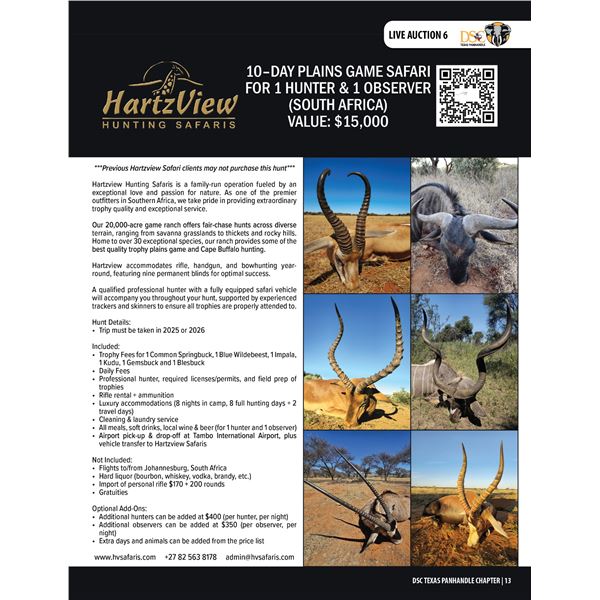 10-DAY PLAINS GAME SAFARI FOR 1 (SOUTH AFRICA) W/ HARTZVIEW HUNTING SAFARIS