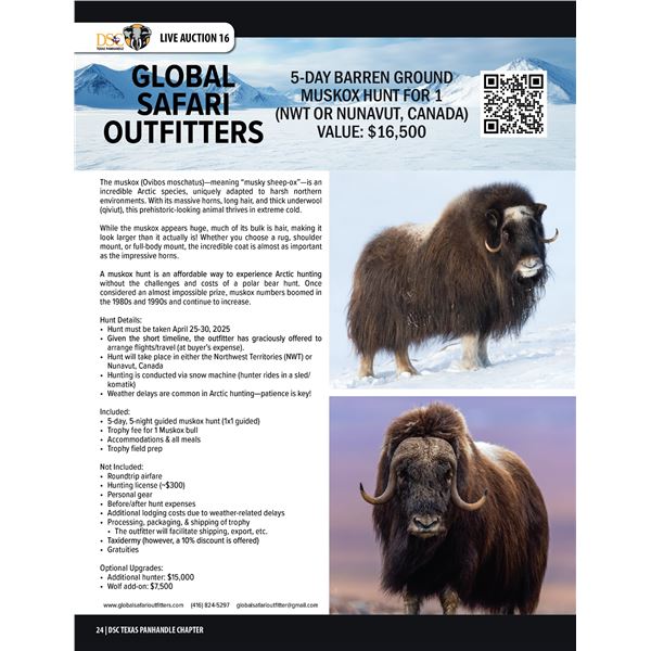 BARREN GROUND MUSKOX HUNT FOR 1 (NWT OR NUNAVUT) W/ GLOBAL SAFARI OUTFITTERS - HUNT IN 2025!