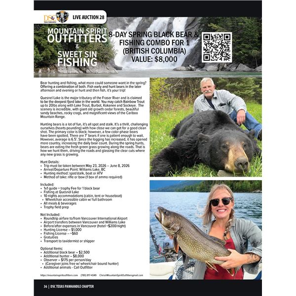 BLACK BEAR HUNT + FISHING FOR 1 (BRITISH COLUMBIA) W/ MOUNTAIN SPIRIT OUTFITTERS & SWEET SIN FISHING