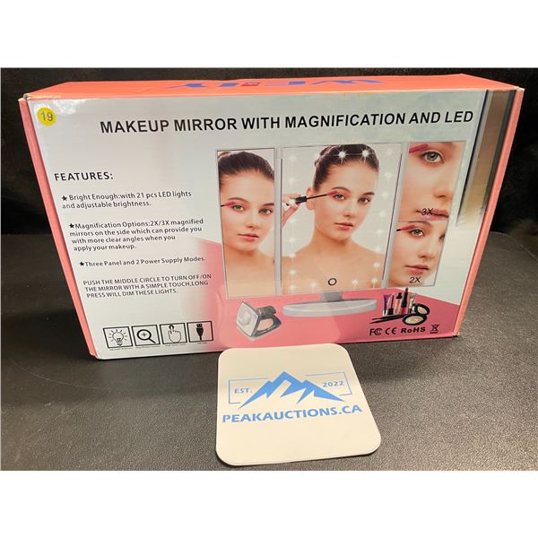 1 LED Tri-Fold Makeup Mirror with 2X/3X Magnification - New