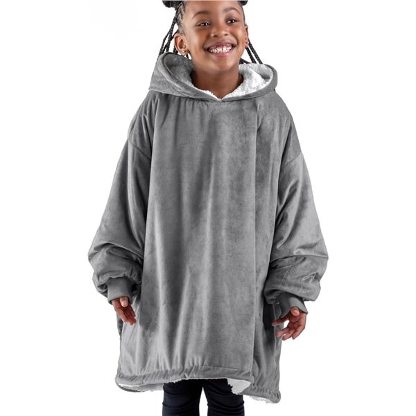 1 Bare Home Youth Sherpa Wearable Blanket/Oversized Hoodie - Grey - New