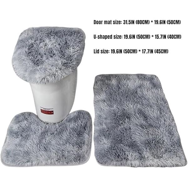 3-Piece Soft Fluffy Bathroom Rug/Mat Set - Non-Slip Design - Light Grey - New