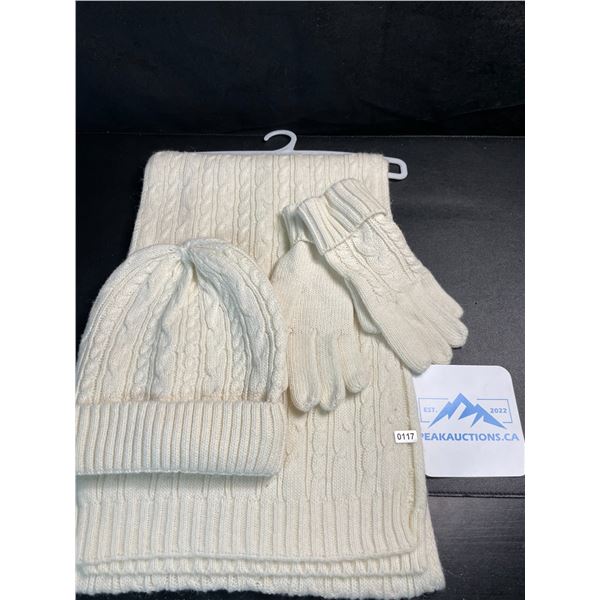 3-Piece Women's Knitted Winter Toque/Gloves/Scarf Set - Cream Colour - New