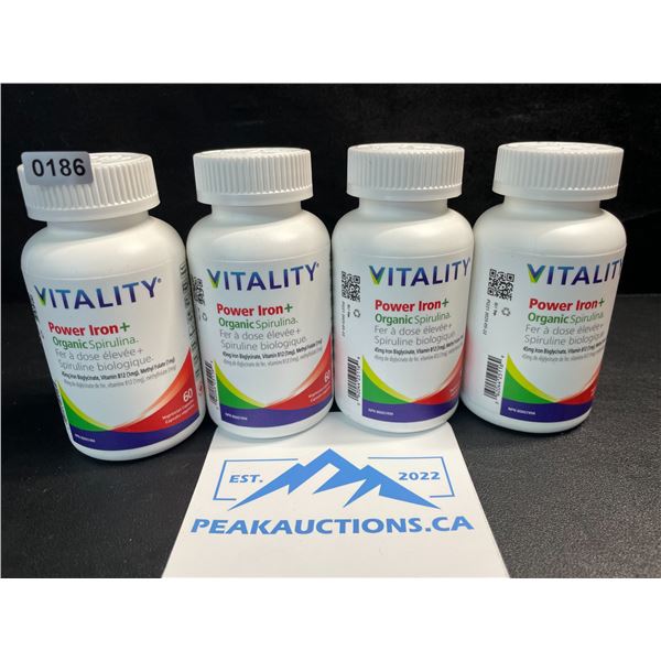 4 Bottles of Vitality Power Iron+ Organic Spirulina; 60 Veg Capsules Each - Boosts Energy - New