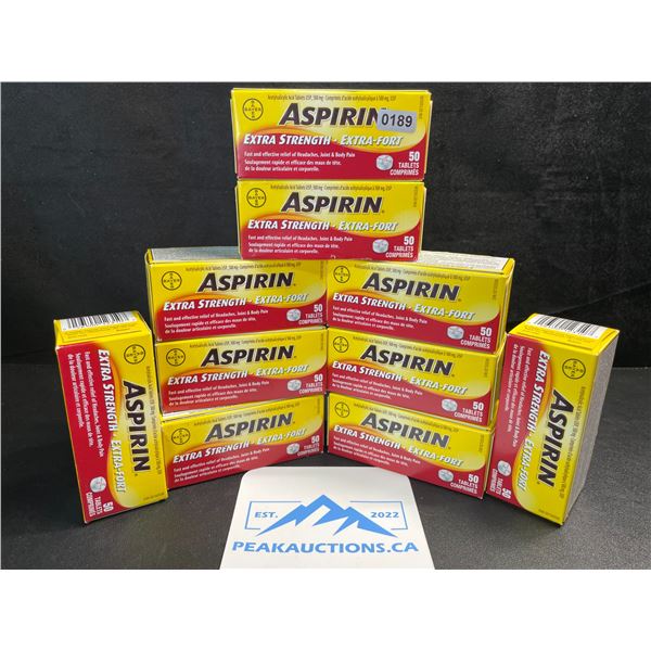 10 Boxes of Aspirin Extra Strength Tablets for Pain Relief - 50 Tabs Each - EXP:02/2025 - New Sealed