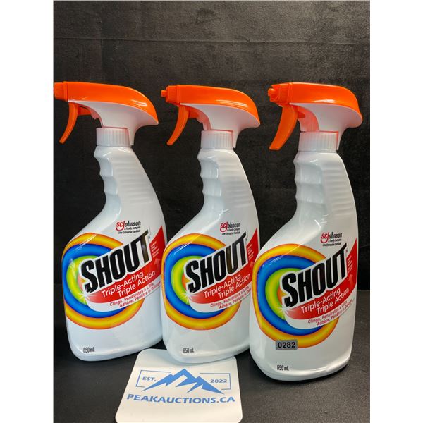 3 SHOUT Triple-Action Laundry Stain Remover Sprays - 650ml Each - New