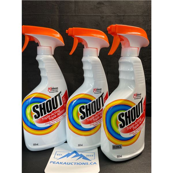 3 SHOUT Triple-Action Laundry Stain Remover Sprays - 650ml Each - New