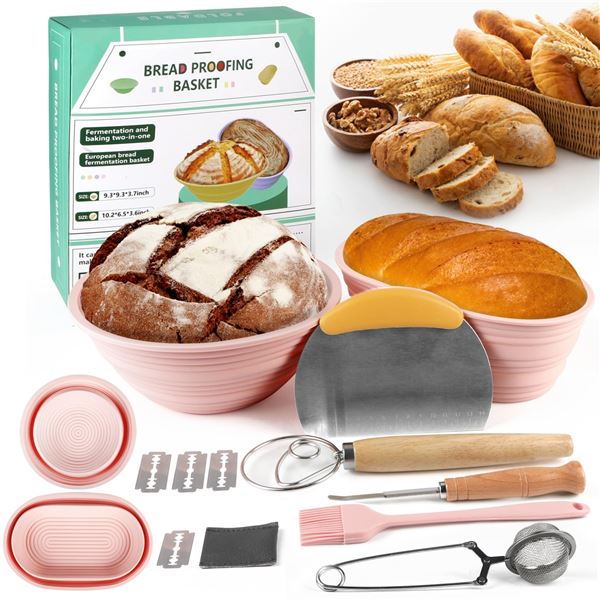 1 Silicone Bread Proofing Basket Kit (Includes 9" Round Bread Pan & 10" Oval Pan & Tools) - New