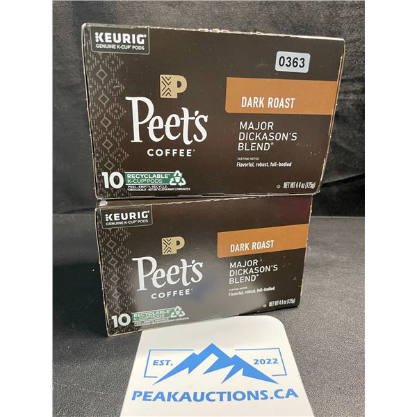 2 Boxes of Peets Coffee Keurig K-Cup Pods; Dark Roast Major Dickason's Blend - 10 Pods Per Box - New