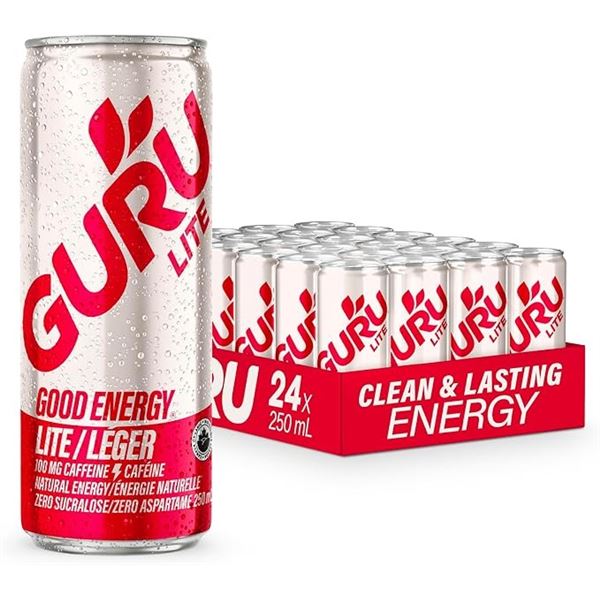 1 Case of Guru Lite Organic Energy Drinks - Pack of 24 Cans x 250ml Each - New (BB: 2027 MA)