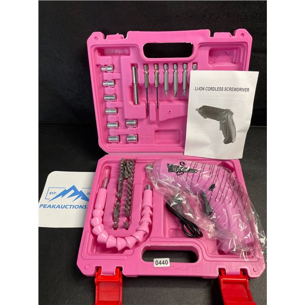 1 Pink Electric Cordless Screwdriver Set with Rechargeable Battery, Charger, & Storage Case - New