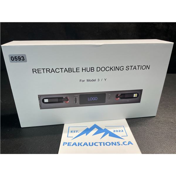 1 Retractable Hub Docking Station for Tesla Model 3 & Y Center Console w/ Built-In Charge Cords; New