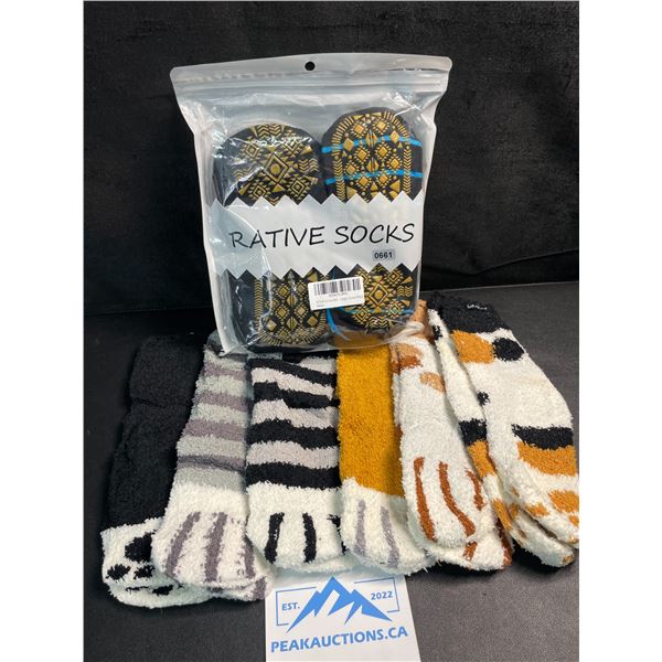 2 Assorted Packs of Socks - (6 Pairs of Fuzzy Cat Socks + 4 Pairs of Non-Slip Yoga Socks - New